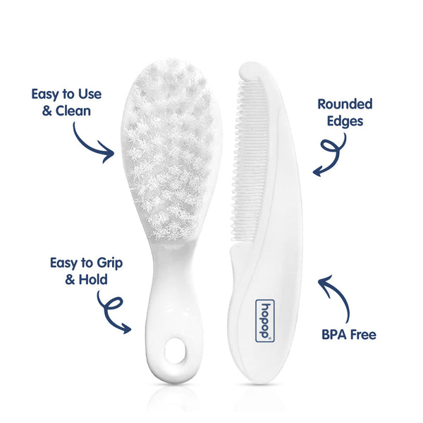Hopop Soft Bristles Baby Comb & Brush Set – White - Dezine Kids