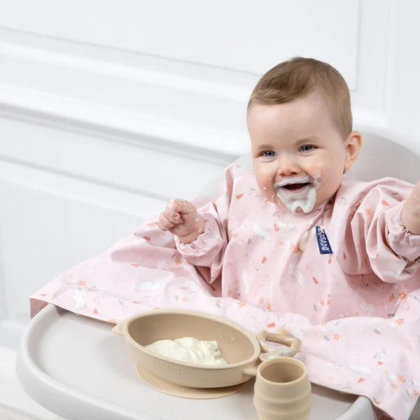 Bibado Long Sleeve Coverall Weaning Bib - Botanical Bunnies Pink
