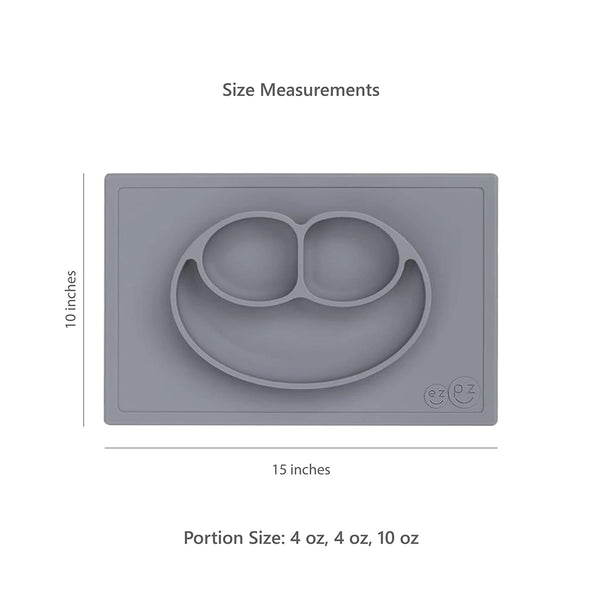 Ezpz Happy Mat 100% Food Grade Silicone Toddler Suction Plate with Built In Placemat, Smile Design Divided Plate - Grey