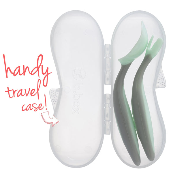 B.Box Spoon & Fork Cutlery Set with Travel Case Angled Handles - Pistachio