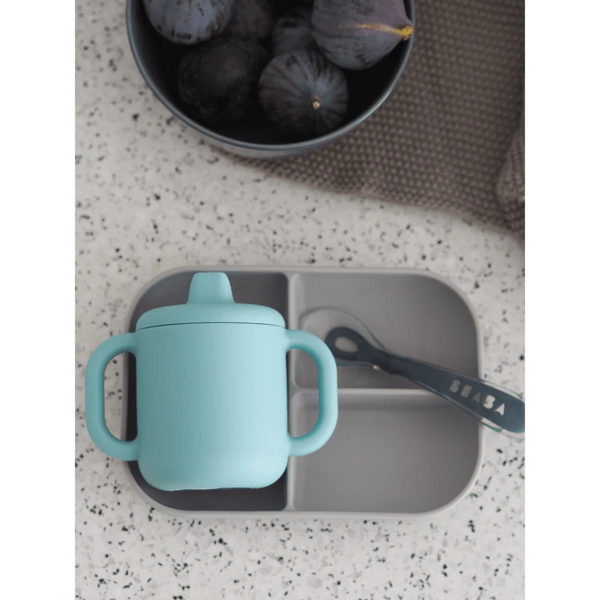 Beaba Silicone 3 Piece Learning Set, Non-Slip, Unbreakable, BPA-Free Baby Feeding - Blue