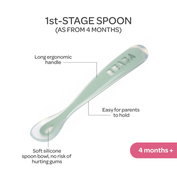 Beaba 1st Stage Silicone Spoon with Ultra Soft Tip, Gum Friendly, Ergonomic Handles, Set of 2 - Velvet Grey/Sage Green