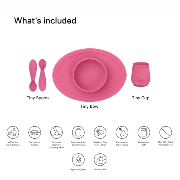 EzPz First Foods Set 100% Food Grade Silicone Baby & Toddler Suction Bowl with Built In Placemat - Pink