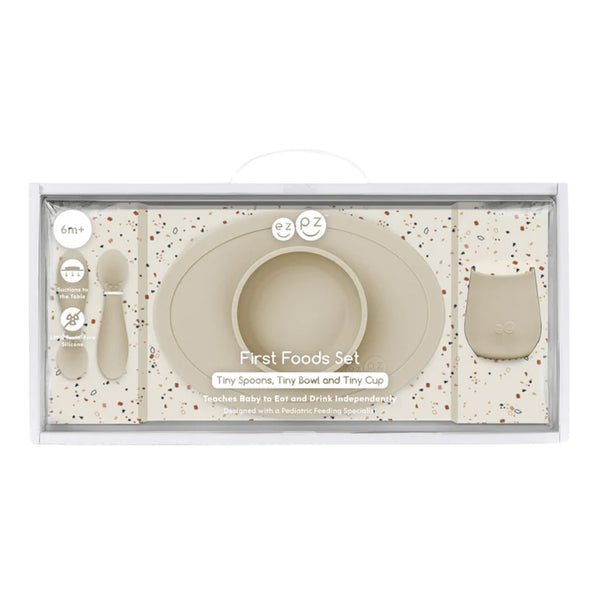 EzPz First Foods Set 100% Food Grade Silicone Baby & Toddler Suction Bowl with Built In Placemat - Oat