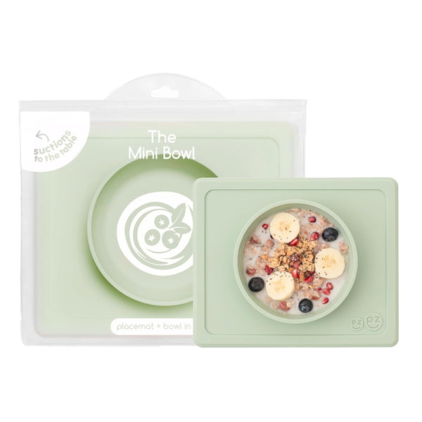 EzPz Happy Bowl 100% Food Grade Silicone Suction Bowl with Built In Placemat - Sage