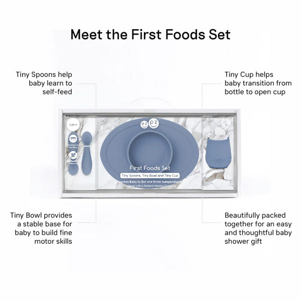EzPz First Foods Set 100% Food Grade Silicone Baby & Toddler Suction Bowl with Built In Placemat - Indigo - Dezine Kids