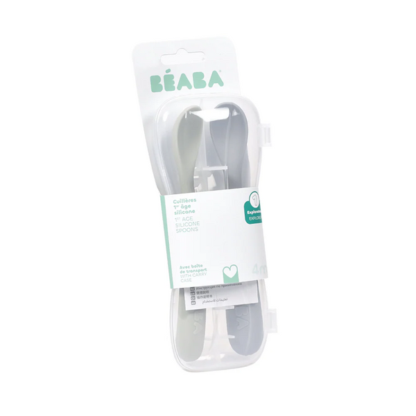 Beaba 1st Stage Silicone Spoon with Ultra Soft Tip, Gum Friendly, Ergonomic Handles, BPA Free, Set of 2 - Green/Grey