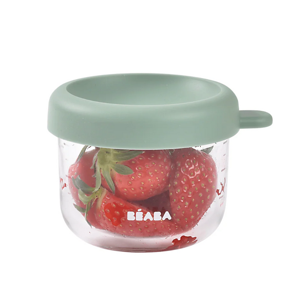 Beaba Glass Storage Container, Airtight Container with Graduation Measuring Scale, 150 ml - Sage Green