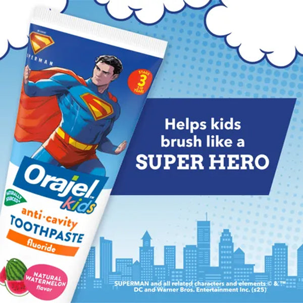 Orajel Kids Anti Cavity Toothpaste Fluoride Superman, Natural Watermelon Flavor, Stage 3, 2-10 Yrs -119 g - Dezine Kids