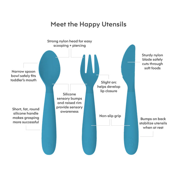 EzPz Happy Utensils for Toddlers(Spoon, Fork & Knife) - Blue