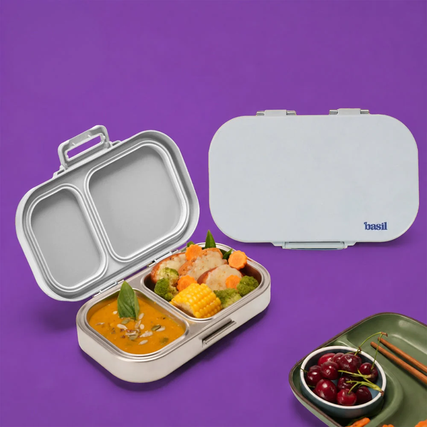 Basil 2 Compartment Stainless Steel Lunchbox with Plastic Lid - Classic Grey