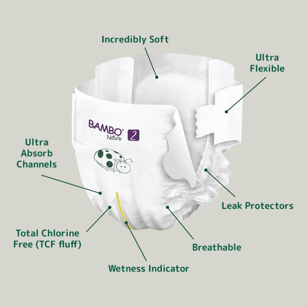 Bambo Nature Tape Diapers, Size 2, S Size (3-6 Kgs) 30pcs - Dezine Kids