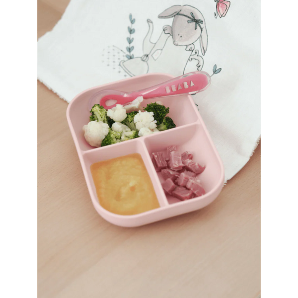 Beaba Silicone 2 Piece Baby Meal Set, Non-Slip, Unbreakable, Easy to Clean, BPA-Free Baby Feeding Set - Baby Pink