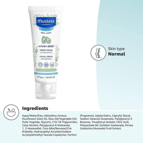 Mustela Hydra Bebe Face Cream With Avocado Moisturizes & Strengthens Skin Barrier, Chemical Free & Safe From Birth On - 40 ml - Dezine Kids