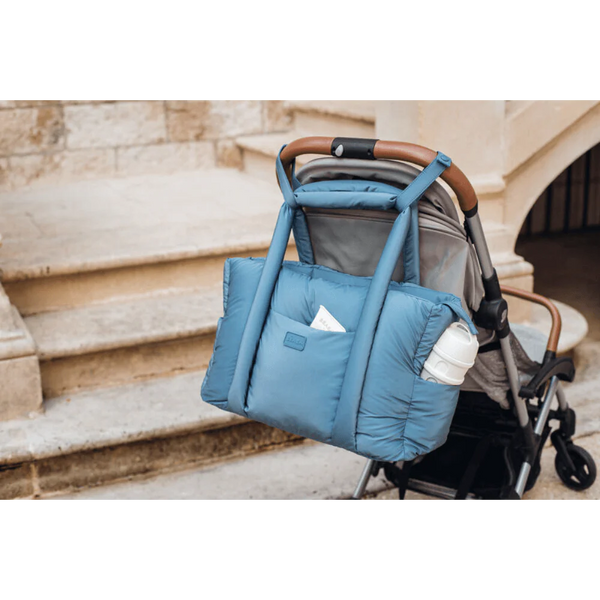 Beaba Paris Puffer Baby Diaper Bag with Large Capacity, Multi Pocket Organizer with Changing Pad, Insulated Bottle Pouch & Stroller Clips - Baltic Blue