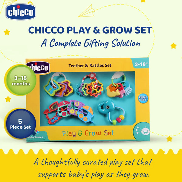 Chicco Play & Grow Set Rattle Toy Gift for Baby Shower & Baby Birthday - Pack of 5
