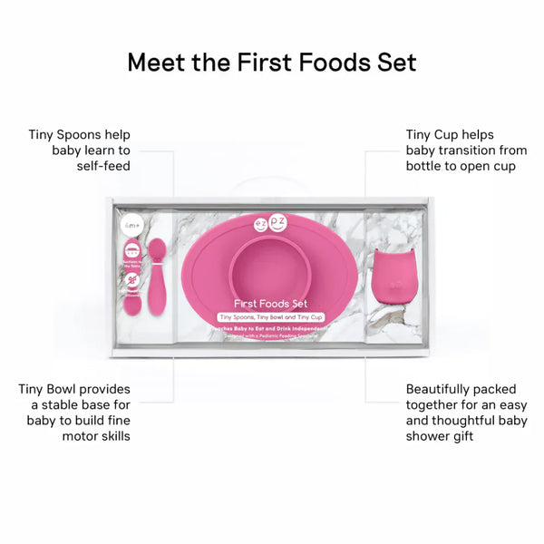 EzPz First Foods Set 100% Food Grade Silicone Baby & Toddler Suction Bowl with Built In Placemat - Pink