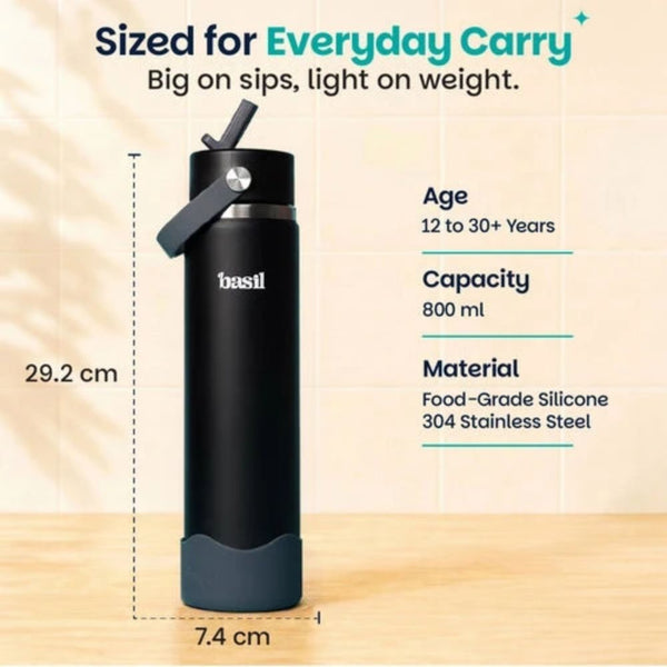 Basil Insulated Stainless steel Sipper with Carry Handle - Classic Black