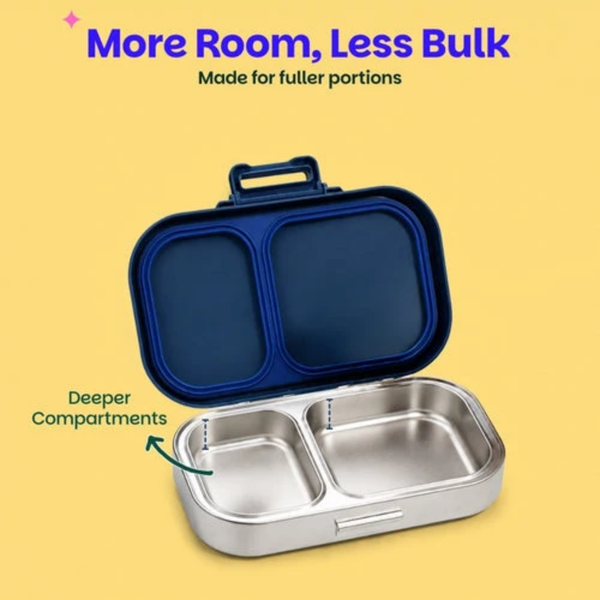 Basil 2 Compartment Stainless Steel Lunchbox with Plastic Lid - Classic Blue