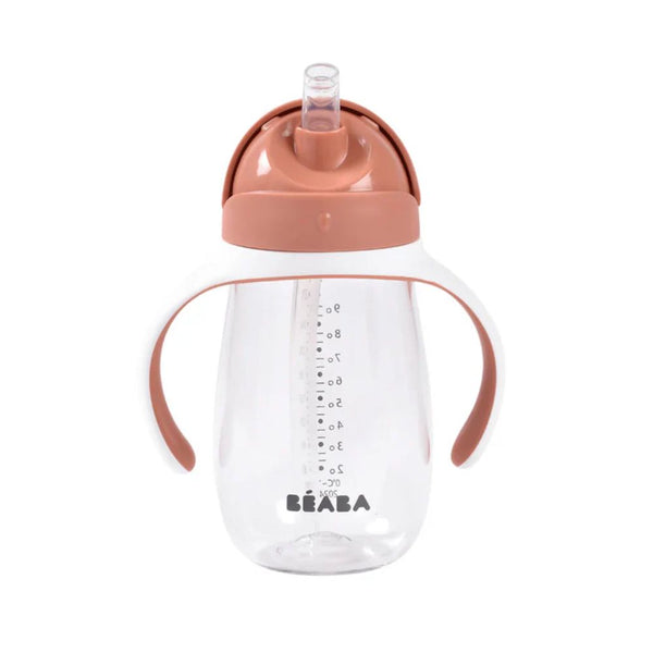 Beaba 2 in 1 Baby Sipper Water Bottle, Anti Spill Sippy Cup with Soft Silicone Straw for Toddler, Removable Handles, 300ml - Terracotta - Dezine Kids