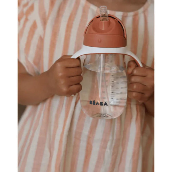Beaba 2 in 1 Baby Sipper Water Bottle, Anti Spill Sippy Cup with Soft Silicone Straw for Toddler, Removable Handles, 300ml - Terracotta - Dezine Kids