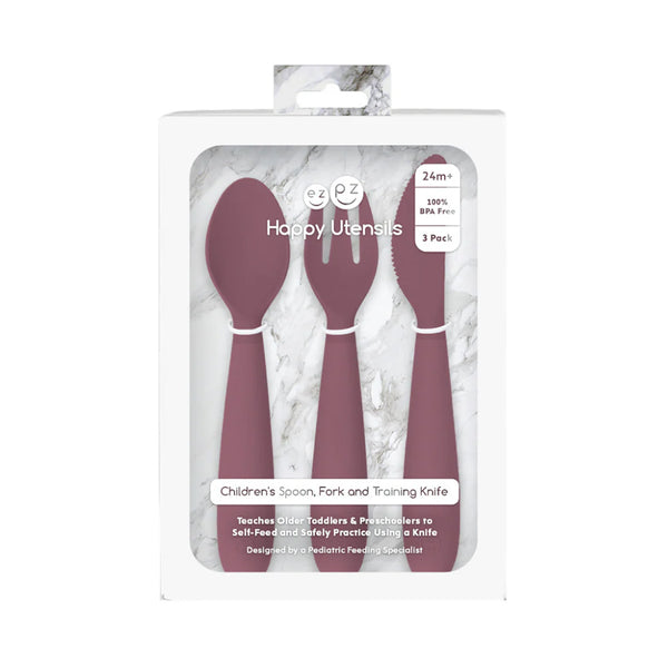 EzPz Happy Utensils for Toddlers(Spoon, Fork & Knife) - Mauve