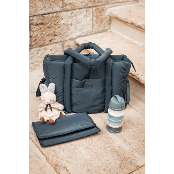 Beaba Paris Puffer Baby Diaper Bag with Large Capacity, Multi Pocket Organizer with Changing Pad, Insulated Bottle Pouch & Stroller Clips - Mineral Grey