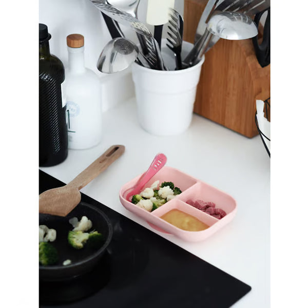 Beaba Silicone 2 Pieces Baby Meal Set, Non Slip, Unbreakable, Easy to Clean, BPA Free Baby Feeding Set - Baby Pink