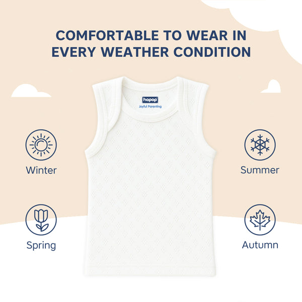 Hopop Baby 100% Soft & Stretchable Cotton Sleeveless Vest – Envelope Neck, White, Extra Breathable - Dezine Kids