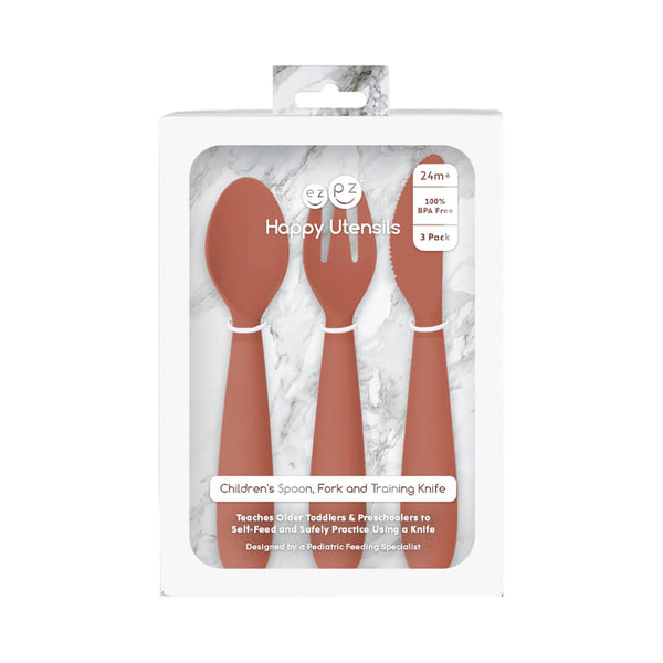 EzPz Happy Utensils for Toddlers(Spoon, Fork & Knife) - Sienna