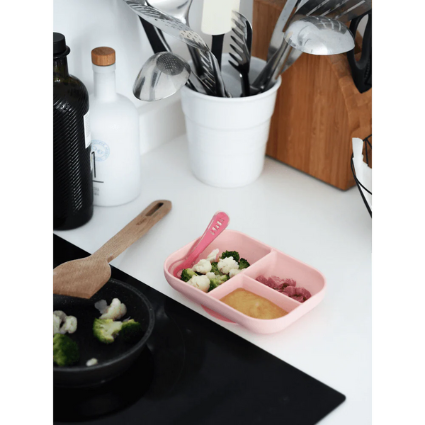 Beaba Silicone 2 Piece Baby Meal Set, Non-Slip, Unbreakable, Easy to Clean, BPA-Free Baby Feeding Set - Baby Pink