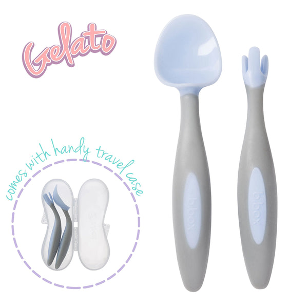 B.Box Spoon & Fork Cutlery Set with Travel Case Angled Handles - Bubblegum Light Blue
