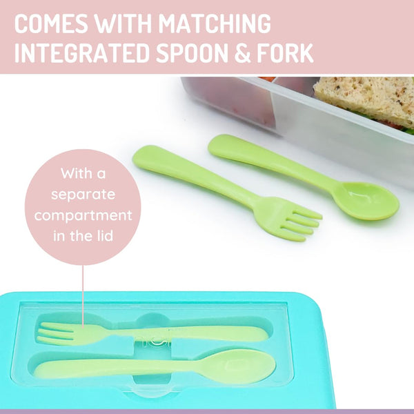 Melii 2 Tier Bento Lunch Box With 6 Compartments Includes Spoon & Fork - Blue, Mint & Lime