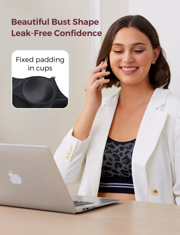 Momcozy 4 in 1 Hand Free Seamless Stretch Fabric Pumping Bra - Leopard Grey