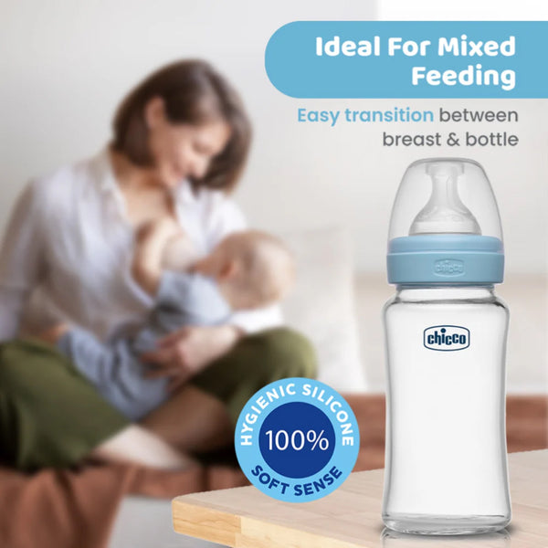Chicco Well Being Glass Feeding Bottle for 2m+ 240ml Medium Flow - Blue