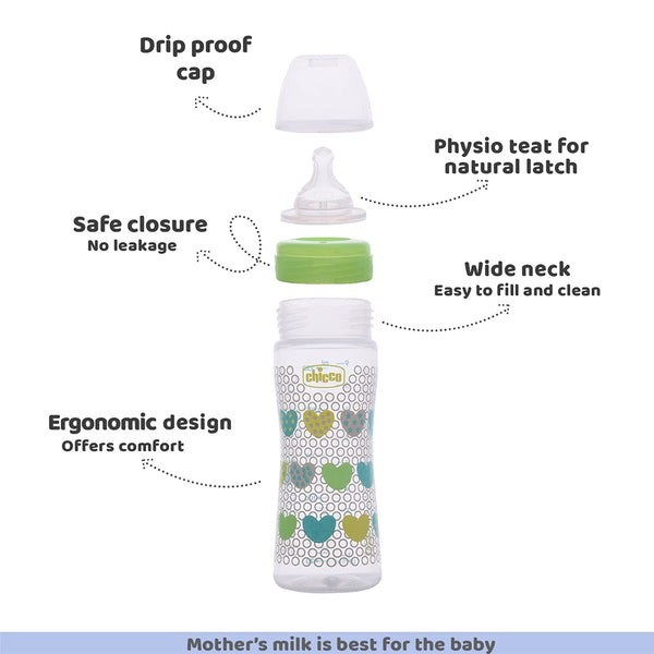 Chicco Well Being 2M+ Medium Flow Baby Bottle 250ml - Green