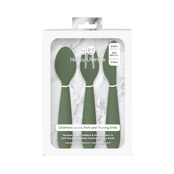 EzPz Happy Utensils for Toddlers(Spoon, Fork & Knife) - Olive