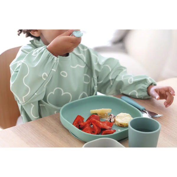 Beaba 2 in 1 Waterproof Bib with Detachable Sleeves, Foldable Food Catcher Pocket - Sage Green