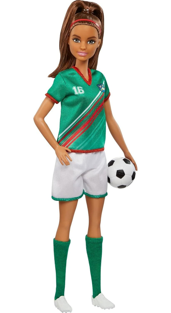 Barbie Soccer Doll, Brunette, #16 Uniform, Soccer Ball, Cleats, Socks - Dezine Kids