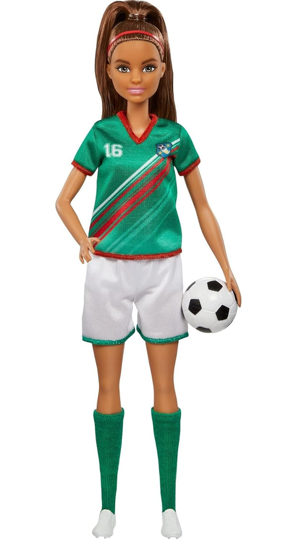 Barbie Soccer Doll, Brunette, #16 Uniform, Soccer Ball, Cleats, Socks - Dezine Kids