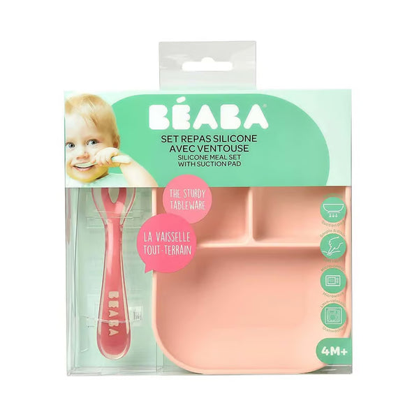Beaba Silicone 2 Pieces Baby Meal Set, Non Slip, Unbreakable, Easy to Clean, BPA Free Baby Feeding Set - Baby Pink