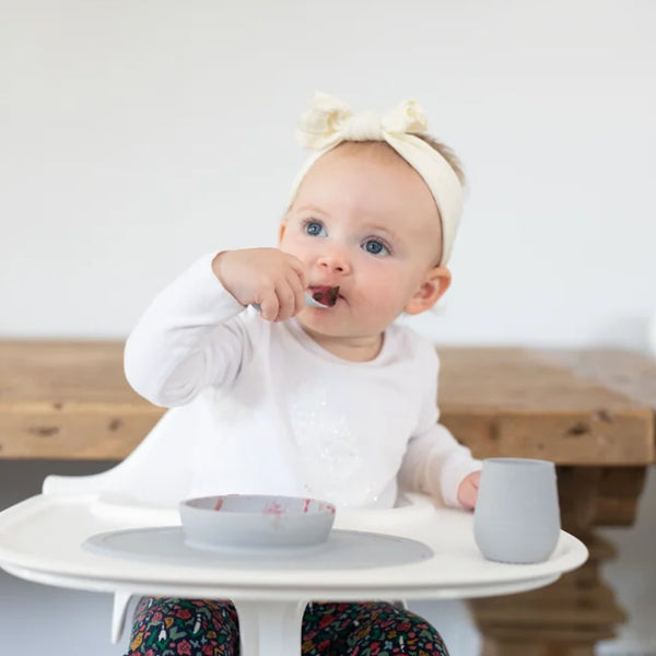 EzPz First Foods Set 100% Food Grade Silicone Baby & Toddler Suction Bowl with Built In Placemat - Pewter - Dezine Kids