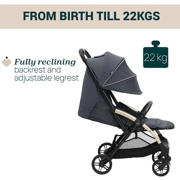 Chicco Goody XPlus Lightweight Stroller with One Hand Fold Flat Reclining Seat For 0 to 4Y (Upto 22 Kg) - Dark Shadow