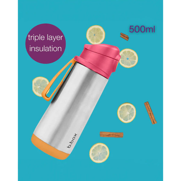 B.Box Insulated Sport Spout Drink Water Bottle 500 ml - Strawberry Shake Pink Orange
