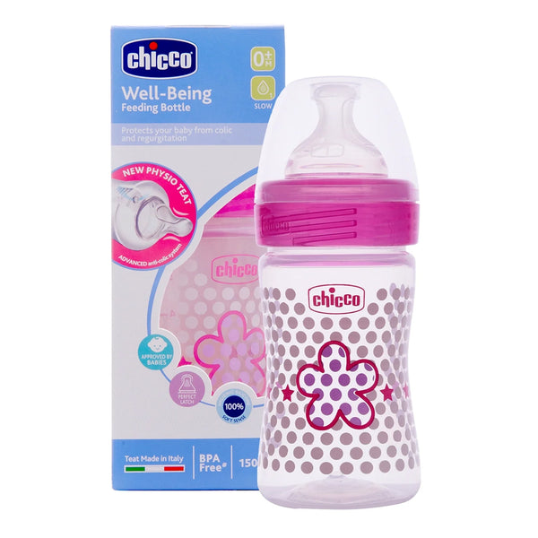 Chicco Well Being 0M+ Slow Flow Baby Bottle 150ml - Pink