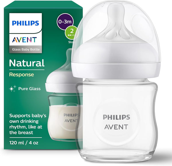 Philips Avent Natural Response Glass Baby Bottle with Slow Flow Teat (Flow 2) - 125 ml