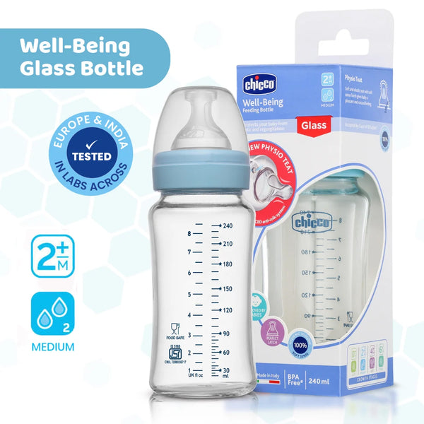 Chicco Well Being Glass Feeding Bottle for 2m+ 240ml Medium Flow - Blue