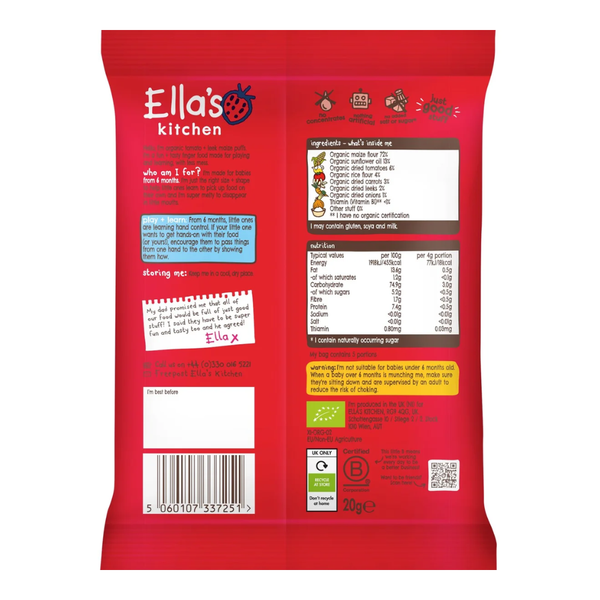 Ellas Kitchen Organic Melty Puffs Baby Snack, 6+ months - Tomato & Leek - Dezine Kids