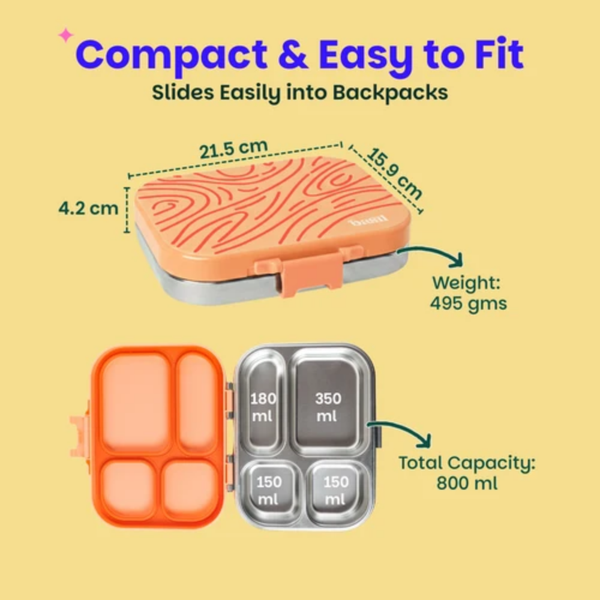 Basil 4 Compartment Stainless steel Lunchbox with Plastic lid - Coral Swirl
