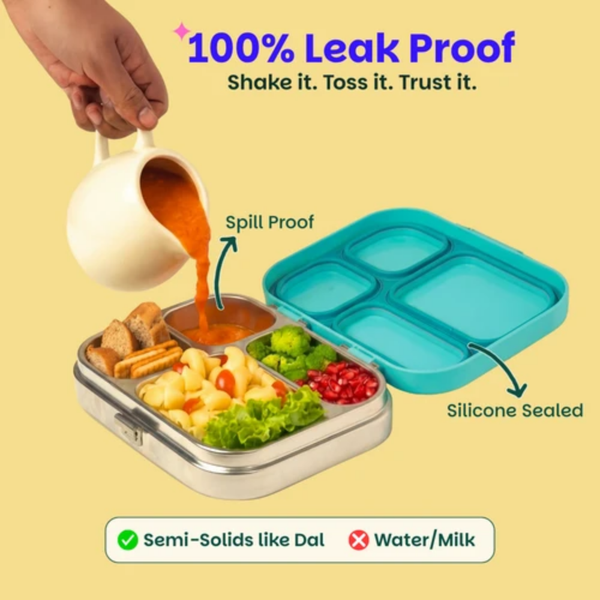 Basil 4 Compartment Stainless steel Lunchbox with Plastic lid - Teal Garden